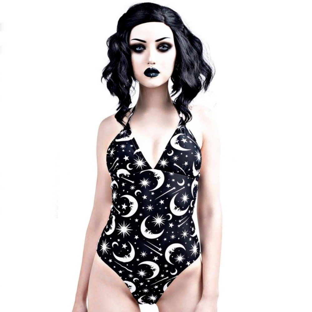 Killstar ✦ Under the Stars ✦ Celestial Halter Lace-Up One-Piece Gothic Swim XS - Picture 3 of 12